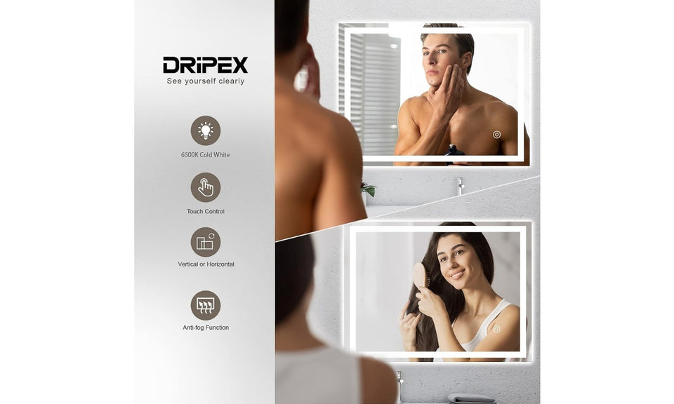 Dripex LED Bathroom Mirror with Demister Pad, Wall Mounted, Horizontal/Vertical Installation