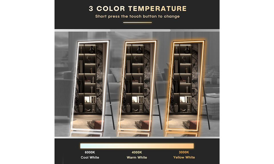 Dripex LED Full Length Floor Standing Mirror, 140x50CM Wall Mounted Mirror with Dimming & 3 Color Lighting for Bedroom