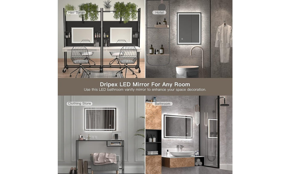 Dripex LED Bathroom Mirror with Demister Pad, Wall Mounted, Horizontal/Vertical Installation