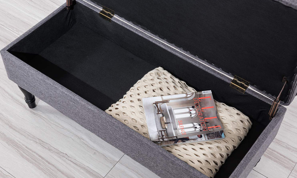 Grey Tufted Fabric  Storage Ottoman Bench