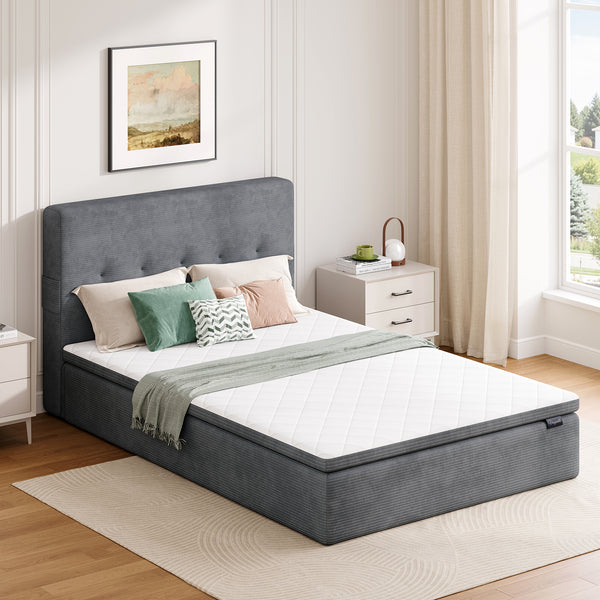 Vesgantti 14.5 Inch Mattress with Upholstered Headboard, Medium Firm | No Bed Frame Required, Memory Foam Pocket Spring Mattress Removable Headboard with Side Storage Pocket, Suitable for Floor Use