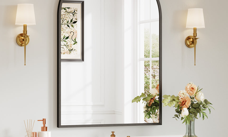 Dripex Arched Mirror, 75 x 50cm/90 x 60cm Wall-Mounted or Leaning, Pre-Fitted Holes & Fixing Kit, for Bathroom, Living Room & Bedroom