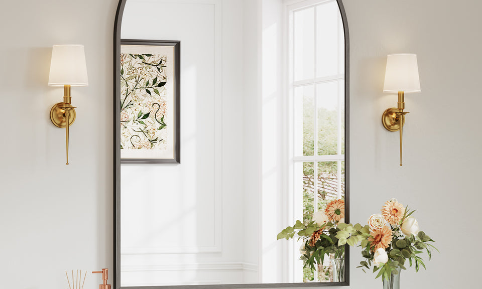 Dripex Arched Mirror, 75 x 50cm/90 x 60cm Wall-Mounted or Leaning, Pre-Fitted Holes & Fixing Kit, for Bathroom, Living Room & Bedroom
