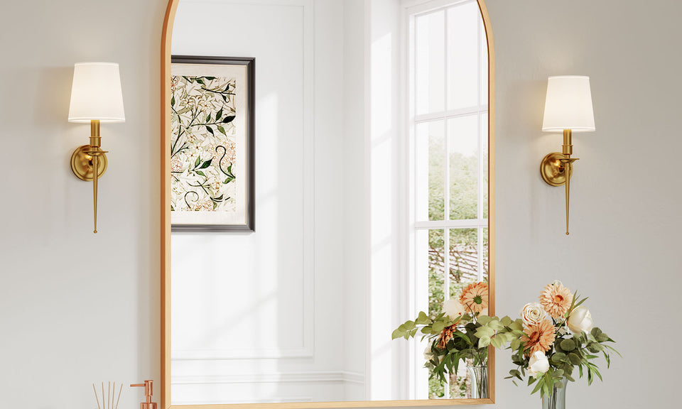 Dripex Arched Mirror, 75 x 50cm/90 x 60cm Wall-Mounted or Leaning, Pre-Fitted Holes & Fixing Kit, for Bathroom, Living Room & Bedroom