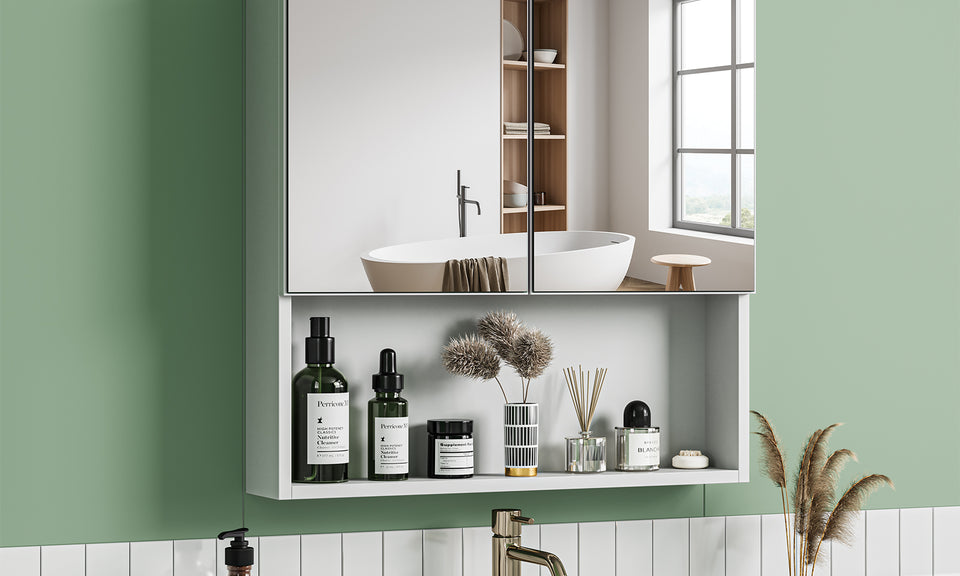 Dripex Double Door Bathroom Mirror Cabinet, Wall Mounted Storage Cupboard with Mirror, Wall Cabinet with Open Compartment Adjustable Shelf, White (60 x 60 x 12 cm)