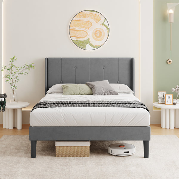 Vesgantti Velvet Bed Frame with Adjustable Wing Edge Headboard, Solid Wooden Slats & Upholstered Platform, Easy Assembly, Noise-Free