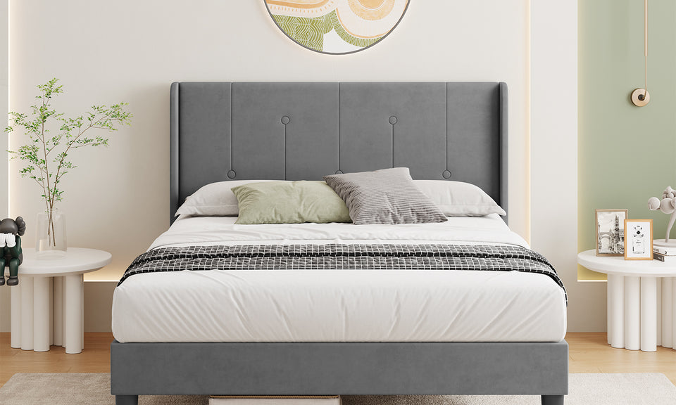 Vesgantti Velvet Bed Frame with Adjustable Wing Edge Headboard, Solid Wooden Slats & Upholstered Platform, Easy Assembly, Noise-Free
