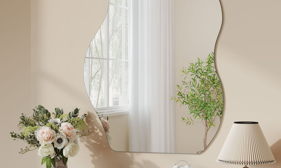 Dripex Irregular Wall Mirror, 65 x 50cm/ 70 x 50cm Frameless Bathroom Mirror Wall Mounted with Pre-Fitted Hanging Holes & Fixing Kit - Wall Mounted Horizontally or Vertically