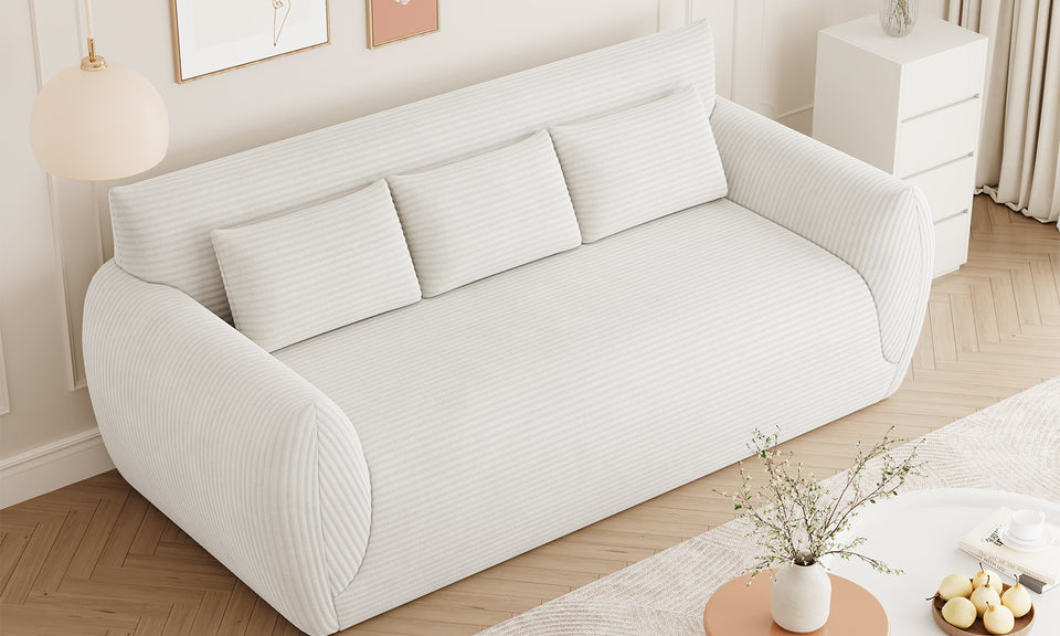 Vesgantti Corduroy Compressed 3 Seater Sofa, 200cm Upholstered Floor Sofa, Comfy Couch with 3 Pillows, No Assembly Required, Perfect for Living Room Bedroom Office Small Space, 200L*94D*80Hcm