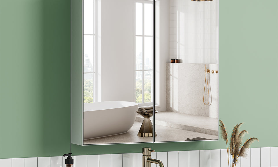 Dripex Double Door Bathroom Mirror Cabinet, Wall Mounted Storage Cupboard with Mirror, Wall Cabinet with Open Compartment Adjustable Shelf, White (60 x 60 x 12 cm)