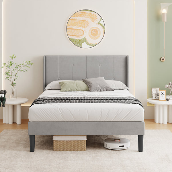 Vesgantti Velvet Double Bed Frame with Adjustable Wing Edge Headboard, Solid Wooden Slats & Upholstered Platform, Easy Assembly, Noise-Free