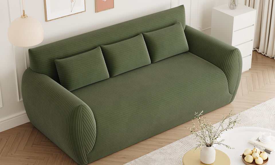 Vesgantti Corduroy Compressed 3 Seater Sofa, 200cm Upholstered Floor Sofa, Comfy Couch with 3 Pillows, No Assembly Required, Perfect for Living Room Bedroom Office Small Space, 200L*94D*80Hcm