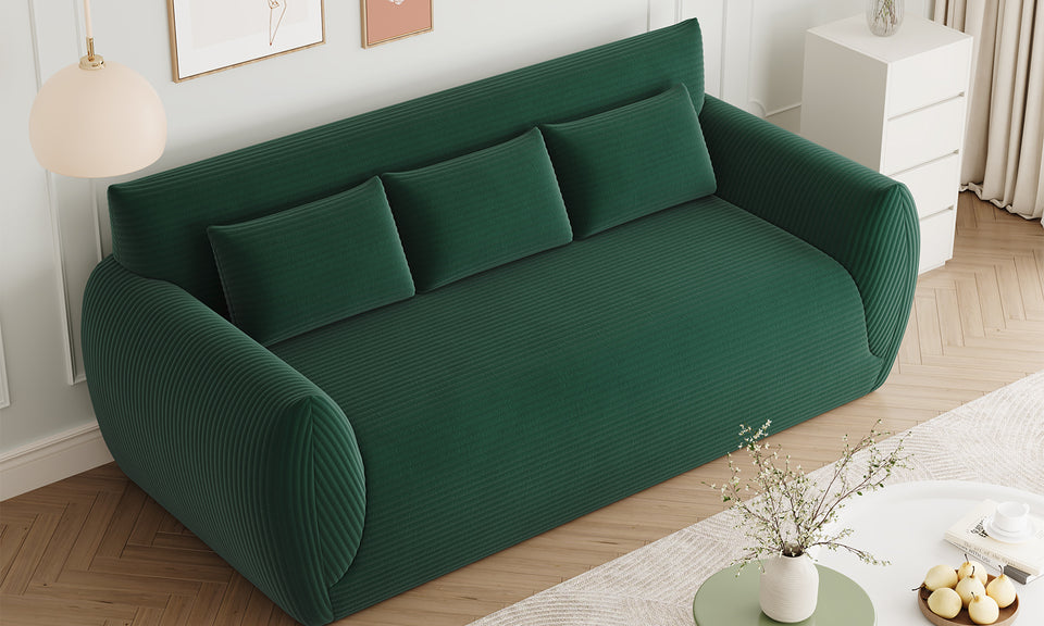 Vesgantti Corduroy Compressed 3 Seater Sofa, 200cm Upholstered Floor Sofa, Comfy Couch with 3 Pillows, No Assembly Required, Perfect for Living Room Bedroom Office Small Space, 200L*94D*80Hcm
