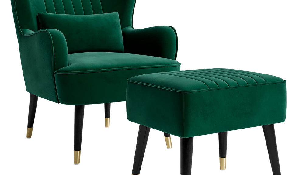 Vesgantti Velvet/Teddy Fleece Armchair with/without Footstool and Lumbar Pillow, Modern Wing Back Accent Chair with Ottoman, Large Cuddle Chair for Living Room Bedroom Study Room Office