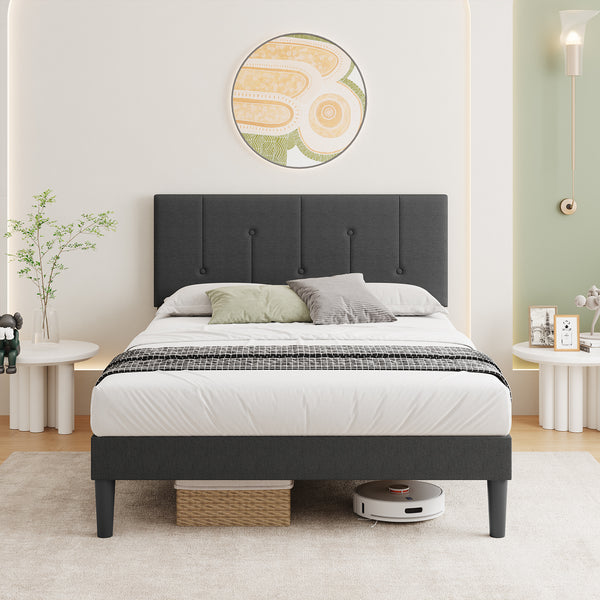 Vesgantti Linen Bed Frame with Adjustable Headboard & Solid Wooden Slats, Easy Assembly, No Box Spring Needed, Under Bed Storage