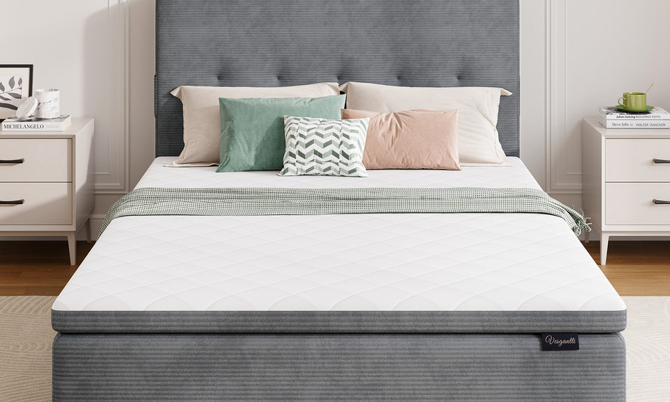 Vesgantti 14.5 Inch Mattress with Upholstered Headboard, Medium Firm | No Bed Frame Required, Memory Foam Pocket Spring Mattress Removable Headboard with Side Storage Pocket, Suitable for Floor Use