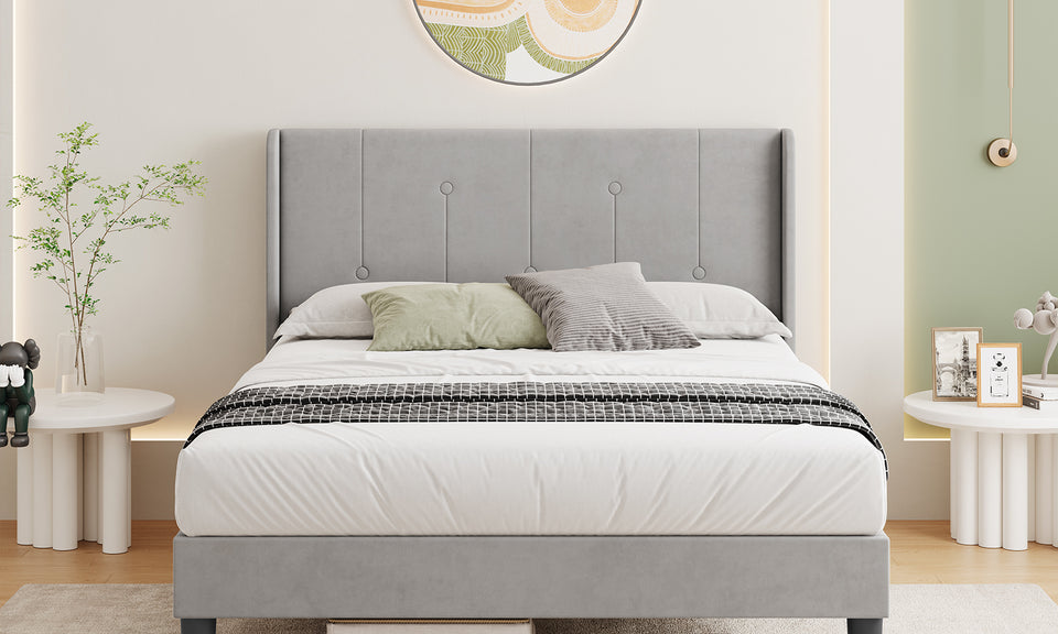 Vesgantti Velvet Bed Frame with Adjustable Wing Edge Headboard, Solid Wooden Slats & Upholstered Platform, Easy Assembly, Noise-Free