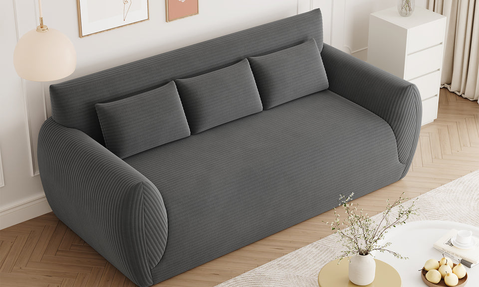 Vesgantti Corduroy Compressed 3 Seater Sofa, 200cm Upholstered Floor Sofa, Comfy Couch with 3 Pillows, No Assembly Required, Perfect for Living Room Bedroom Office Small Space, 200L*94D*80Hcm