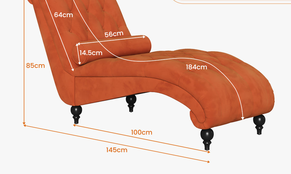 Vesgantti Velvet Button-tufted Indoor Chaise Lounge, Upholstered Chaise Longue Chair with Lumbar Pillow, Leisure Chair for Living Room Bedroom and Office, Easy to Assemble