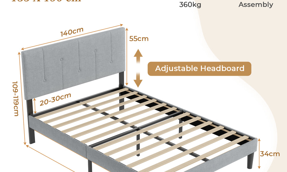 Vesgantti Linen Bed Frame with Adjustable Headboard & Solid Wooden Slats, Easy Assembly, No Box Spring Needed, Under Bed Storage