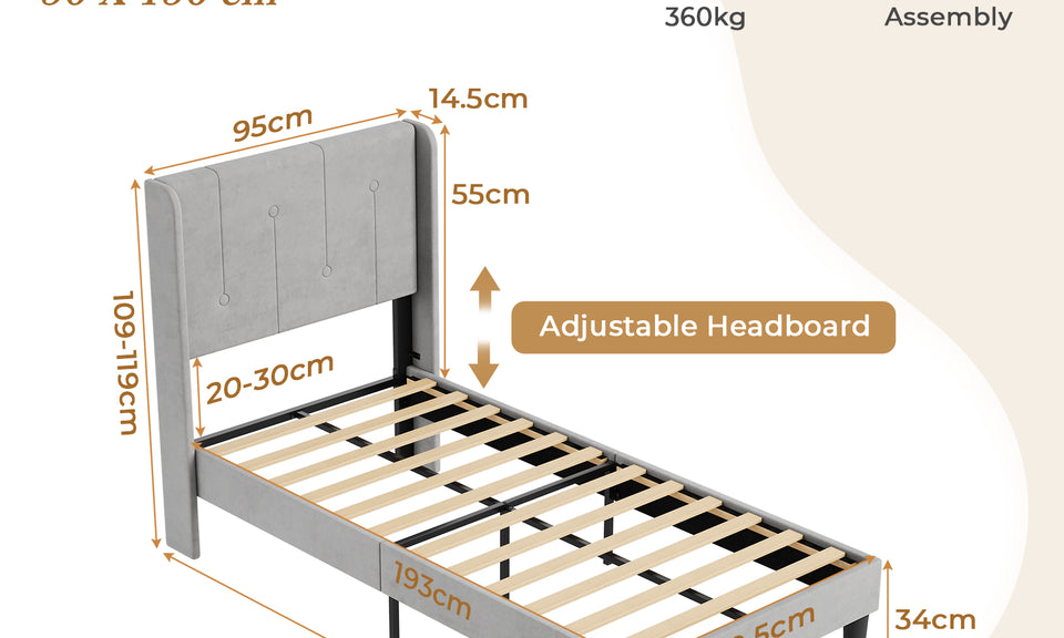 Vesgantti Velvet Bed Frame with Adjustable Wing Edge Headboard, Solid Wooden Slats & Upholstered Platform, Easy Assembly, Noise-Free