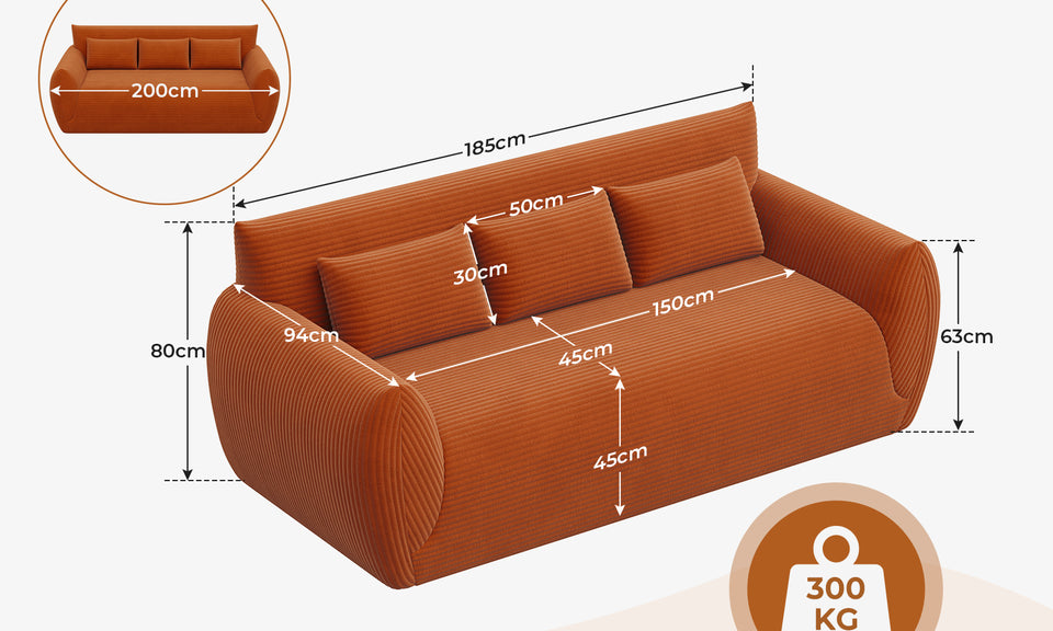 Vesgantti Corduroy Compressed 3 Seater Sofa, 200cm Upholstered Floor Sofa, Comfy Couch with 3 Pillows, No Assembly Required, Perfect for Living Room Bedroom Office Small Space, 200L*94D*80Hcm