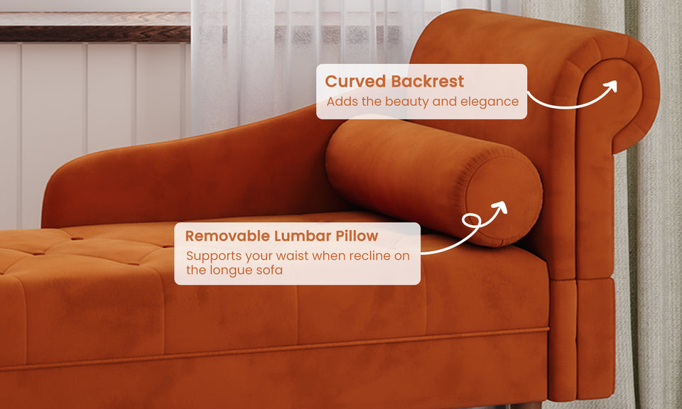 Vesgantti Velvet Chaise Longue, Indoor Lounge Sofa with Left/Right Armrest and Lumbar Pillow, Upholstered Chaise Lounge for Living Room Bedroom and Office, Tool-free Assembly