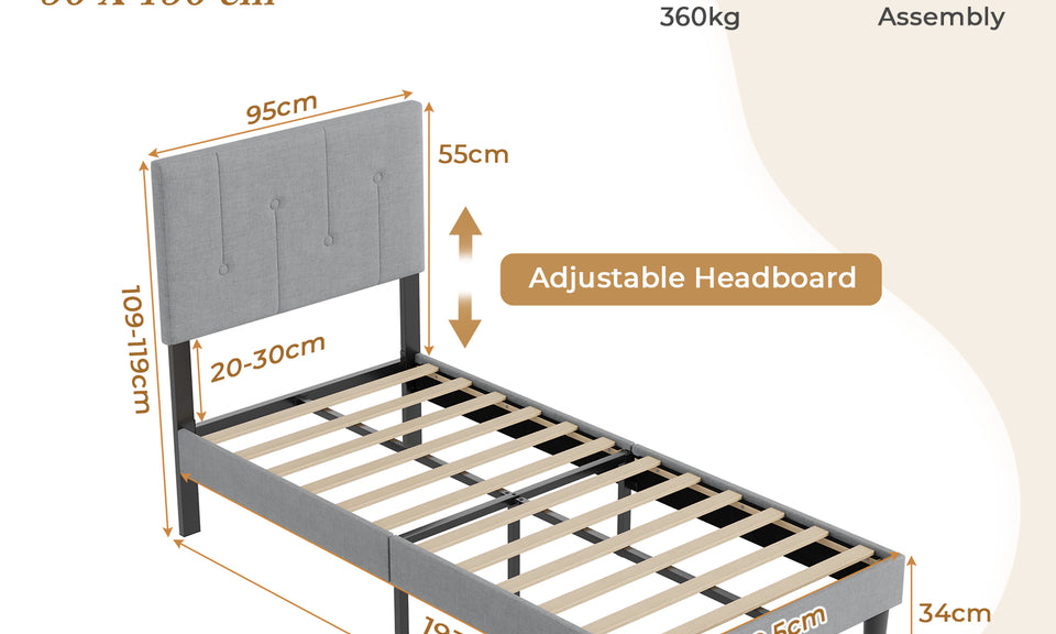 Vesgantti Linen Bed Frame with Adjustable Headboard & Solid Wooden Slats, Easy Assembly, No Box Spring Needed, Under Bed Storage