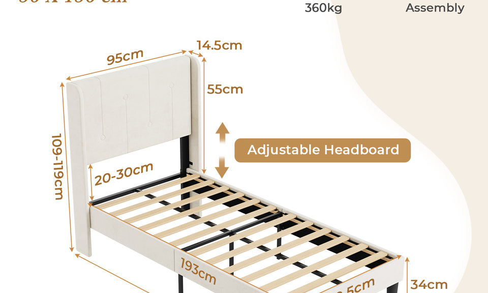 Vesgantti Velvet Bed Frame with Adjustable Wing Edge Headboard, Solid Wooden Slats & Upholstered Platform, Easy Assembly, Noise-Free