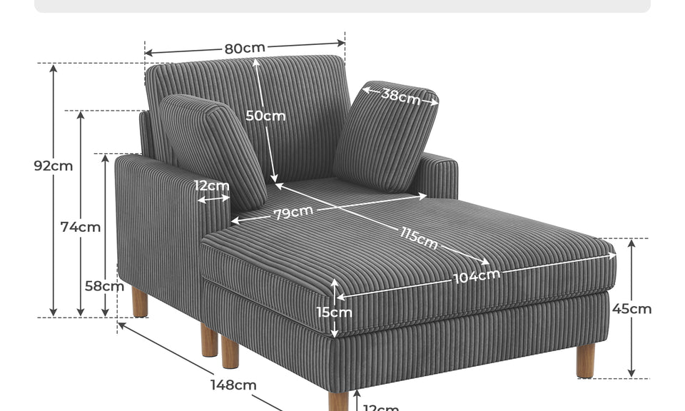 Vesgantti Single Sofa Bed, Corduroy Upholstered 104cm Wide Chaise Lounge Chair Indoor, With 2 Extra Pillows, Perfect For Living Room, Bedroom, Office and Apartment, Tool-free Assembly