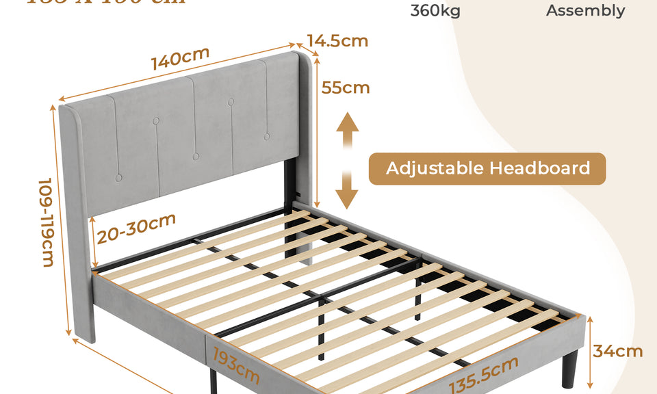 Vesgantti Velvet Bed Frame with Adjustable Wing Edge Headboard, Solid Wooden Slats & Upholstered Platform, Easy Assembly, Noise-Free