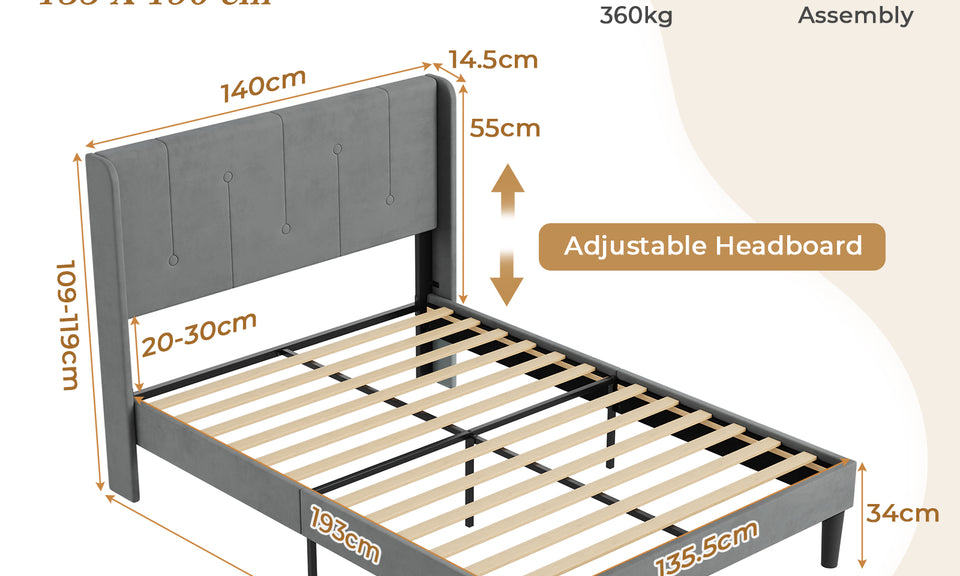 Vesgantti Velvet Bed Frame with Adjustable Wing Edge Headboard, Solid Wooden Slats & Upholstered Platform, Easy Assembly, Noise-Free