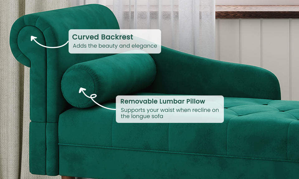 Vesgantti Velvet Chaise Longue, Indoor Lounge Sofa with Left/Right Armrest and Lumbar Pillow, Upholstered Chaise Lounge for Living Room Bedroom and Office, Tool-free Assembly