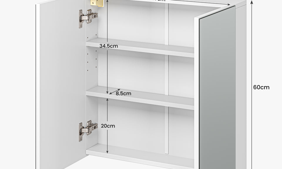 Dripex Double Door Bathroom Mirror Cabinet, Wall Mounted Storage Cupboard with Mirror, Wall Cabinet with Open Compartment Adjustable Shelf, White (60 x 60 x 12 cm)