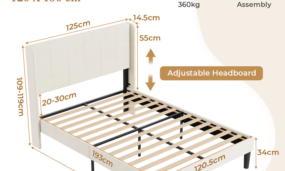 Vesgantti Velvet Bed Frame with Adjustable Wing Edge Headboard, Solid Wooden Slats & Upholstered Platform, Easy Assembly, Noise-Free