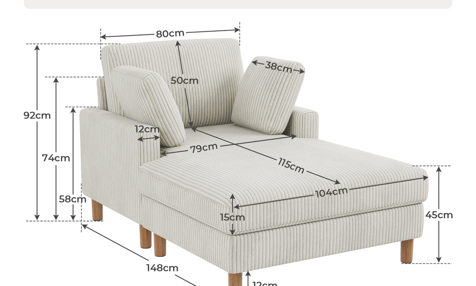 Vesgantti Single Sofa Bed, Corduroy Upholstered 104cm Wide Chaise Lounge Chair Indoor, With 2 Extra Pillows, Perfect For Living Room, Bedroom, Office and Apartment, Tool-free Assembly