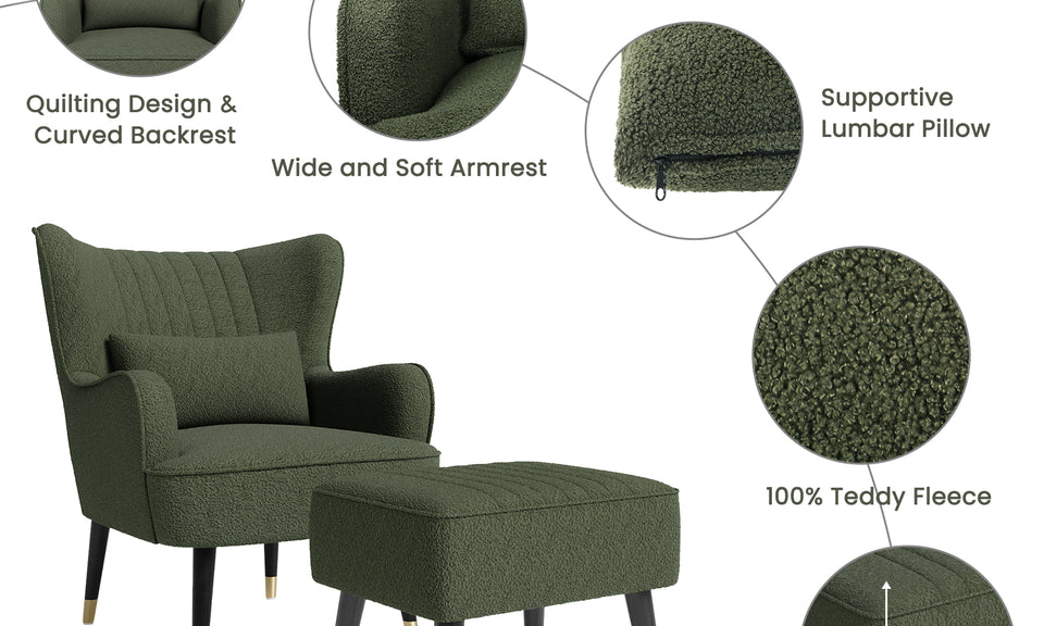 Vesgantti Velvet/Teddy Fleece Armchair with/without Footstool and Lumbar Pillow, Modern Wing Back Accent Chair with Ottoman, Large Cuddle Chair for Living Room Bedroom Study Room Office