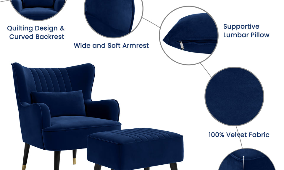 Vesgantti Velvet/Teddy Fleece Armchair with/without Footstool and Lumbar Pillow, Modern Wing Back Accent Chair with Ottoman, Large Cuddle Chair for Living Room Bedroom Study Room Office
