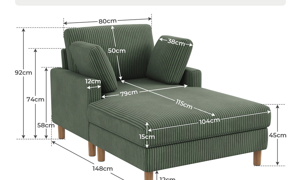 Vesgantti Single Sofa Bed, Corduroy Upholstered 104cm Wide Chaise Lounge Chair Indoor, With 2 Extra Pillows, Perfect For Living Room, Bedroom, Office and Apartment, Tool-free Assembly