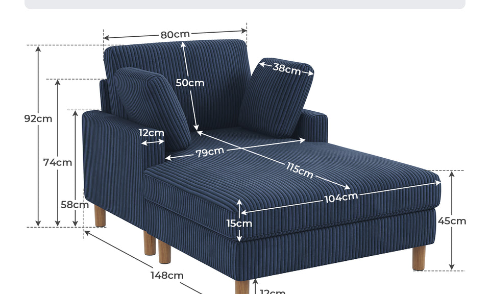 Vesgantti Single Sofa Bed, Corduroy Upholstered 104cm Wide Chaise Lounge Chair Indoor, With 2 Extra Pillows, Perfect For Living Room, Bedroom, Office and Apartment, Tool-free Assembly