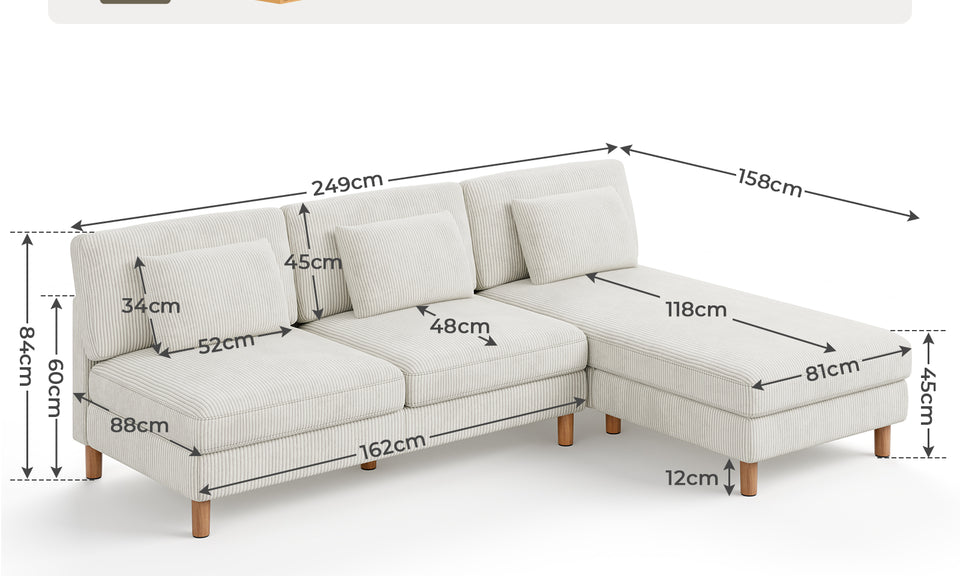 Vesgantti Corduroy Seater Sofa/Chaise Lounge Sofa, Perfect for Living Room, Bedroom, Office, Tool-free Assembly