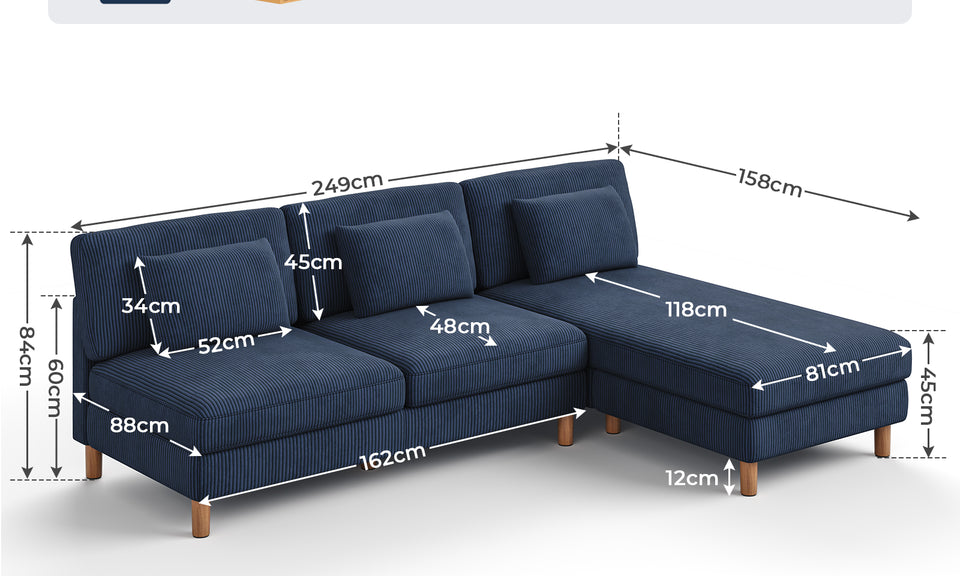 Vesgantti Corduroy Seater Sofa/Chaise Lounge Sofa, Perfect for Living Room, Bedroom, Office, Tool-free Assembly