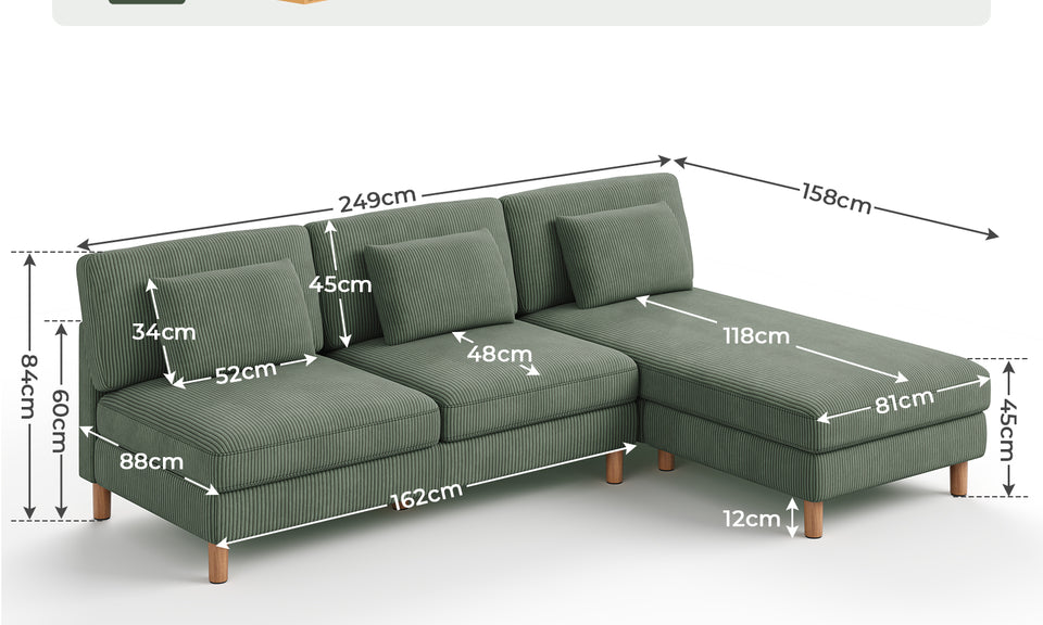 Vesgantti Corduroy Seater Sofa/Chaise Lounge Sofa, Perfect for Living Room, Bedroom, Office, Tool-free Assembly