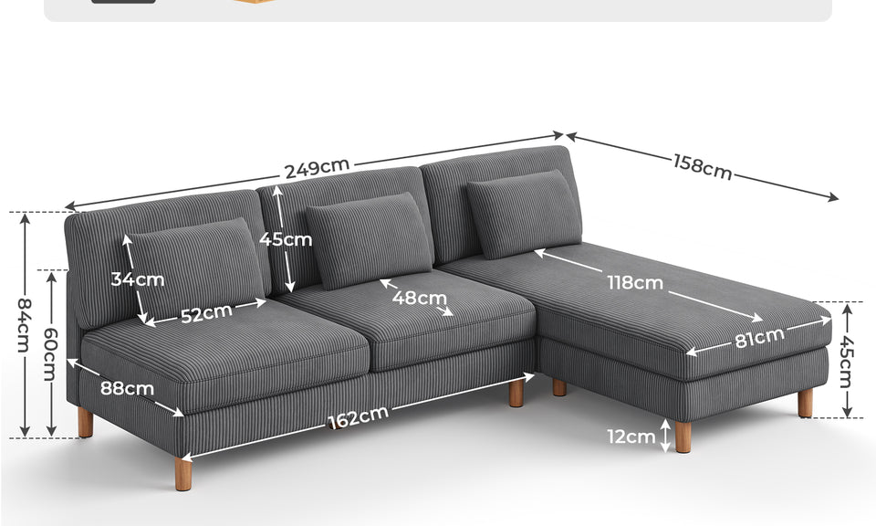 Vesgantti Corduroy Seater Sofa/Chaise Lounge Sofa, Perfect for Living Room, Bedroom, Office, Tool-free Assembly