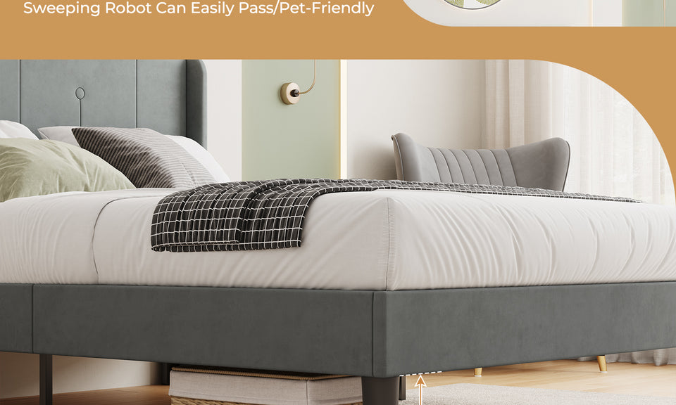 Vesgantti Velvet Bed Frame with Adjustable Wing Edge Headboard, Solid Wooden Slats & Upholstered Platform, Easy Assembly, Noise-Free