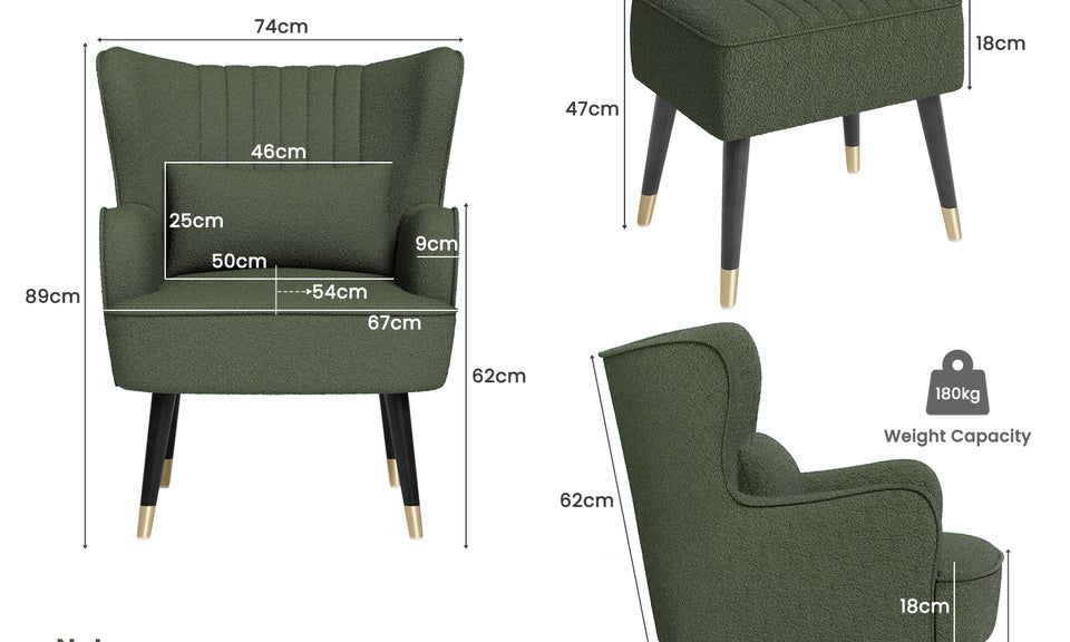 Vesgantti Velvet/Teddy Fleece Armchair with/without Footstool and Lumbar Pillow, Modern Wing Back Accent Chair with Ottoman, Large Cuddle Chair for Living Room Bedroom Study Room Office