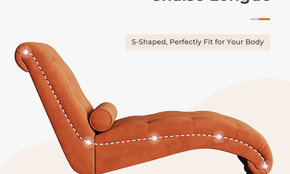 Vesgantti Velvet Button-tufted Indoor Chaise Lounge, Upholstered Chaise Longue Chair with Lumbar Pillow, Leisure Chair for Living Room Bedroom and Office, Easy to Assemble
