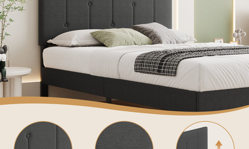 Vesgantti Linen Bed Frame with Adjustable Headboard & Solid Wooden Slats, Easy Assembly, No Box Spring Needed, Under Bed Storage