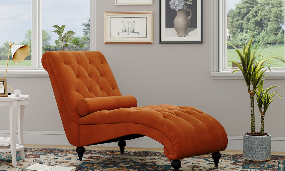 Vesgantti Velvet Button-tufted Indoor Chaise Lounge, Upholstered Chaise Longue Chair with Lumbar Pillow, Leisure Chair for Living Room Bedroom and Office, Easy to Assemble