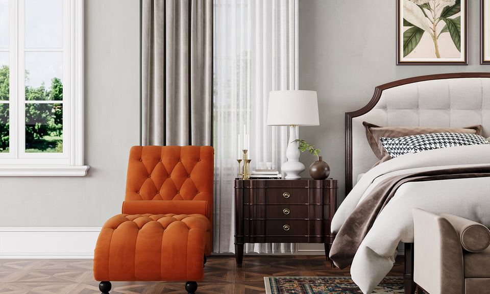 Vesgantti Velvet Button-tufted Indoor Chaise Lounge, Upholstered Chaise Longue Chair with Lumbar Pillow, Leisure Chair for Living Room Bedroom and Office, Easy to Assemble